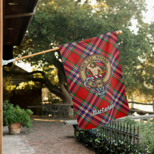 Clan MacFarlane Crest over Red Tartan House Flag