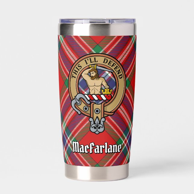Clan MacFarlane Crest over Red Tartan Insulated Tumbler (Front)