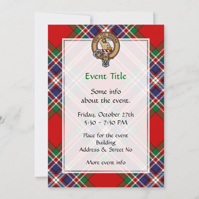 Clan MacFarlane Crest over Red Tartan Invitation (Front)