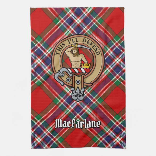 Clan MacFarlane Crest over Red Tartan Kitchen Towel (Vertical)