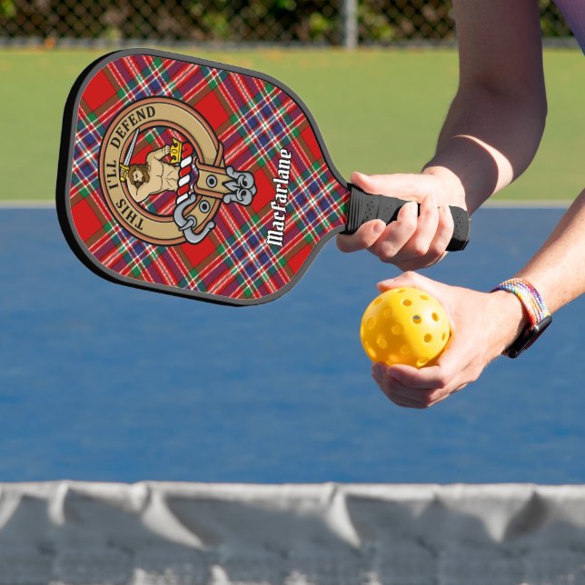 Clan MacFarlane Crest over Red Tartan Pickleball Paddle (Insitu)