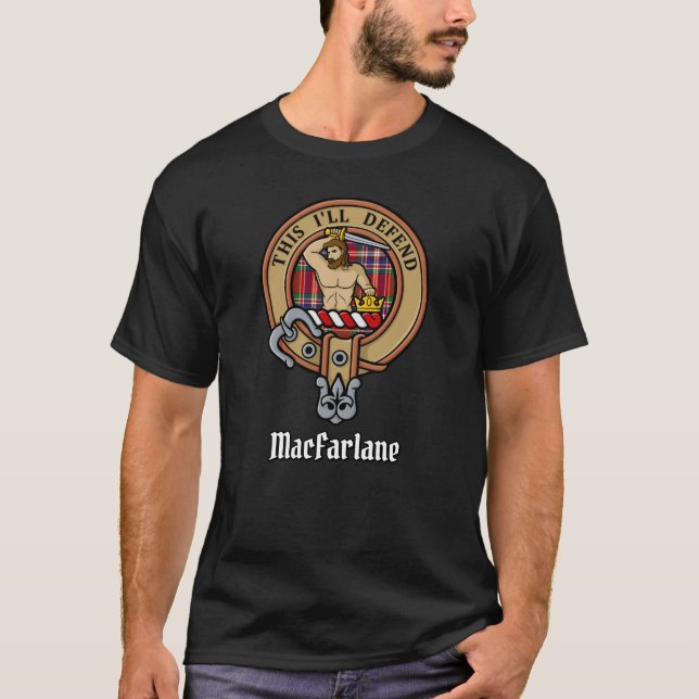 Clan MacFarlane Crest over Red Tartan T-Shirt (Front)