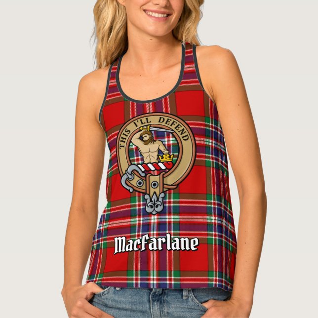 Clan MacFarlane Crest over Red Tartan Tank Top (Front)