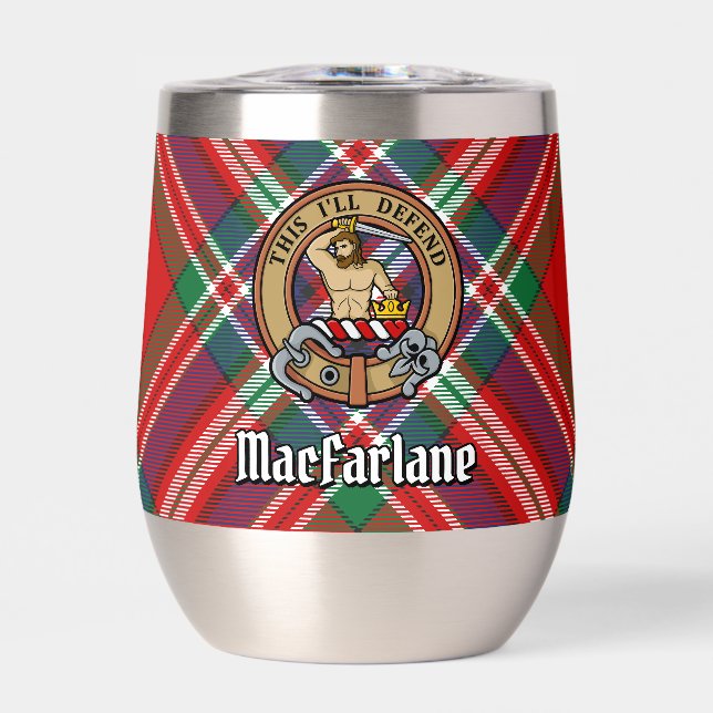 Clan MacFarlane Crest over Red Tartan Thermal Wine Tumbler (Front)