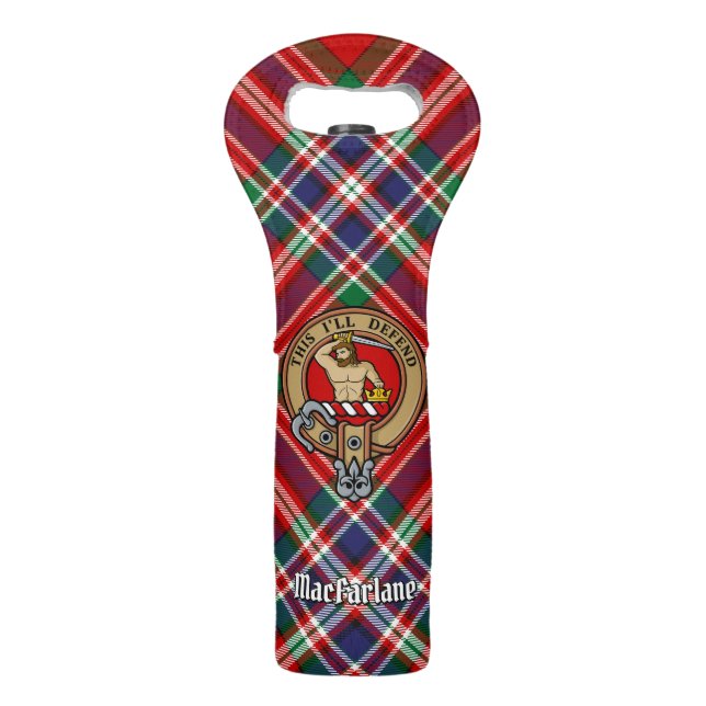 Clan MacFarlane Crest over Red Tartan Wine Bag (Front)