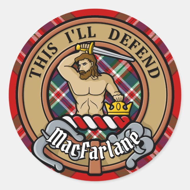 Clan MacFarlane Crest over Tartan Classic Round Sticker (Front)