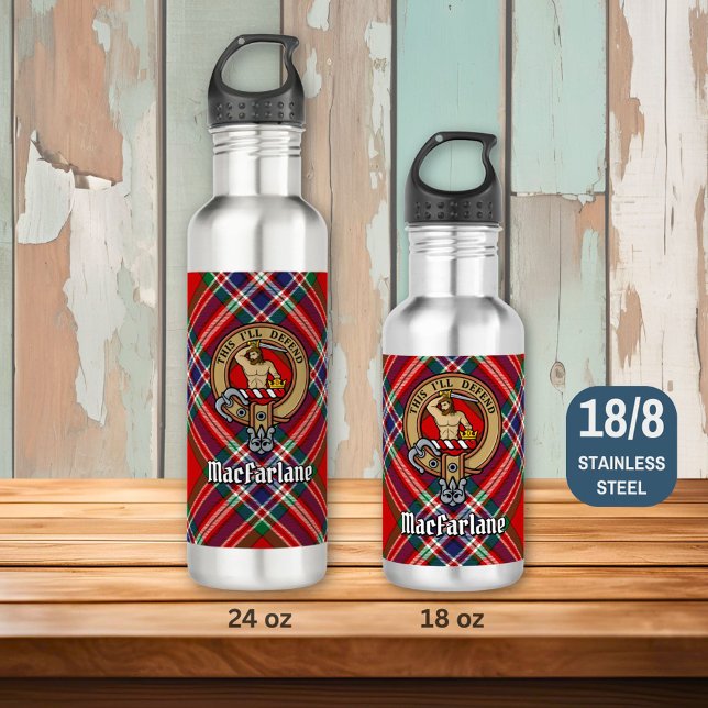 Clan MacFarlane Crest over Tartan Stainless Steel Water Bottle (Creator Uploaded)
