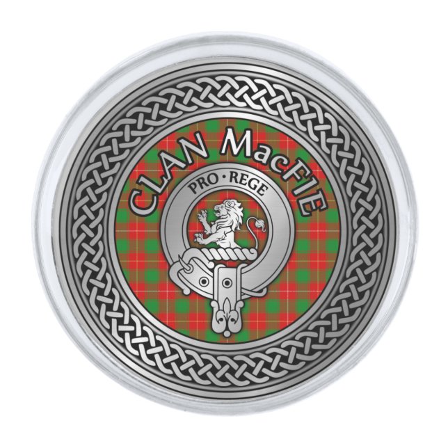 Clan MacFie Crest & Tartan Knot Silver Finish Lapel Pin (Front)