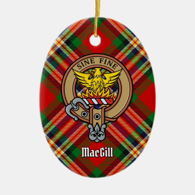 Clan MacGill Crest over Tartan Ceramic Ornament (Front)