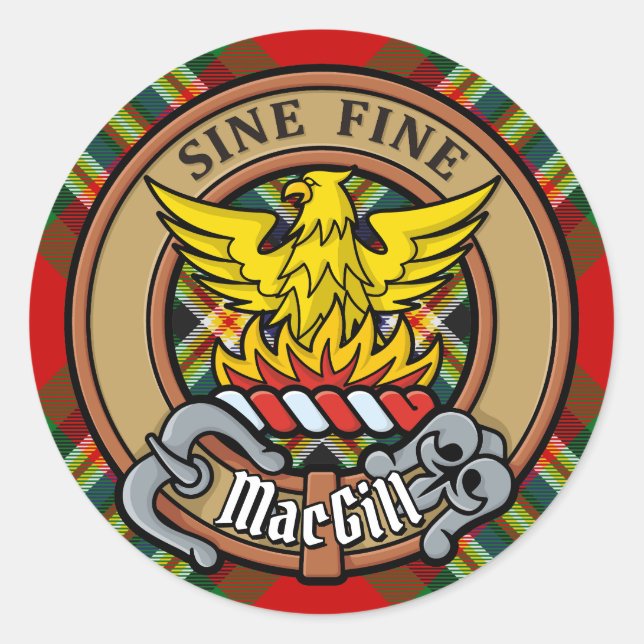 Clan MacGill Crest over Tartan Classic Round Sticker (Front)