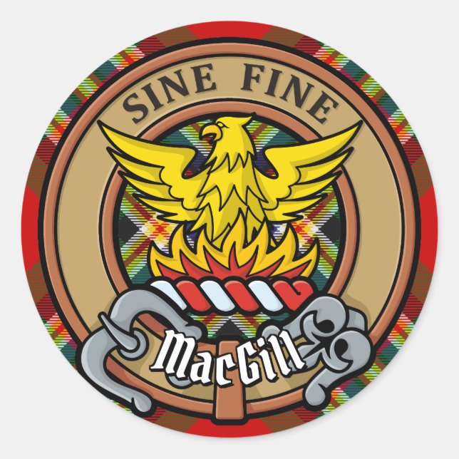 Clan MacGill Crest over Tartan Classic Round Sticker (Front)