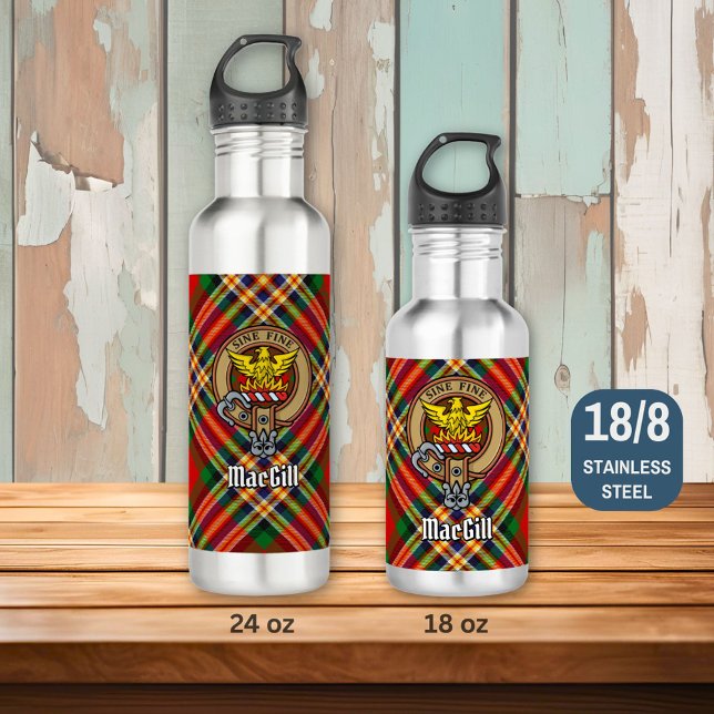 Clan MacGill Crest over Tartan Stainless Steel Water Bottle (Creator Uploaded)