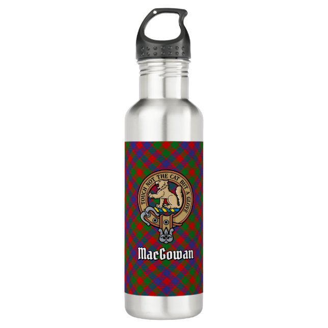 Clan MacGowan Crest over Tartan Stainless Steel Water Bottle (Front)