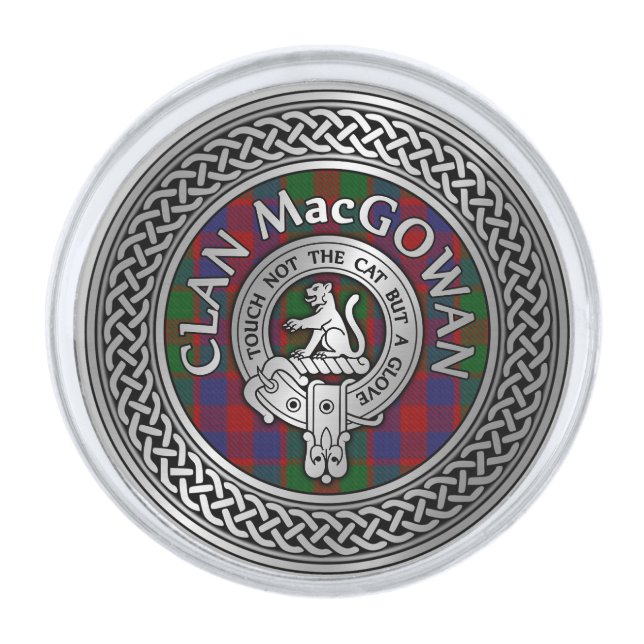 Clan MacGowan Crest & Tartan Knot Silver Finish Lapel Pin (Front)