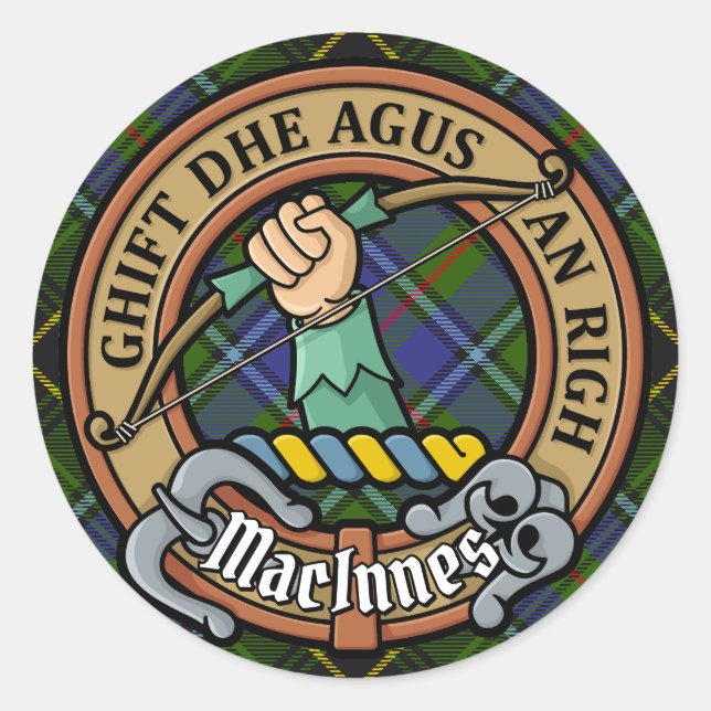 Clan MacInnes Crest over Tartan Classic Round Sticker (Front)