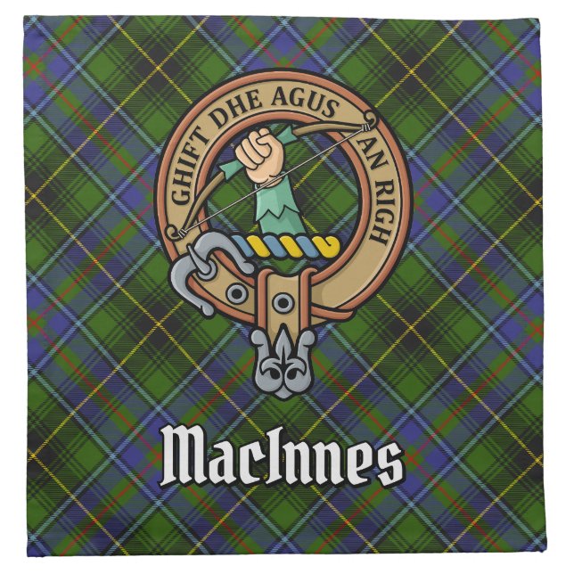 Clan MacInnes Crest over Tartan Cloth Napkin (Front)