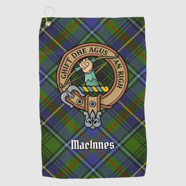 Clan MacInnes Crest over Tartan Golf Towel (Front)