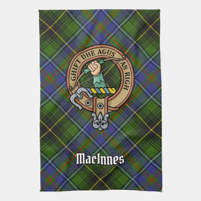 Clan MacInnes Crest over Tartan Kitchen Towel (Vertical)