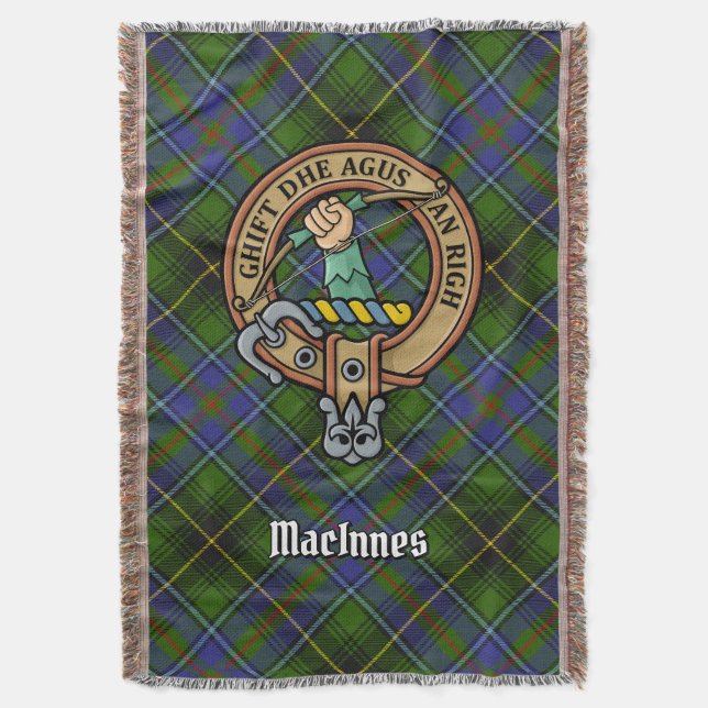 Clan MacInnes Crest over Tartan Throw Blanket (Front Vertical)