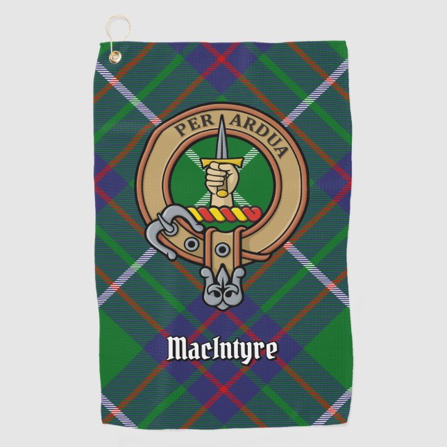 Clan MacIntyre Crest over Hunting Tartan Golf Towel (Front)