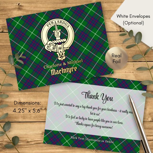 Clan MacIntyre Crest over Tartan Foil Invitation Postcard (Creator Uploaded)