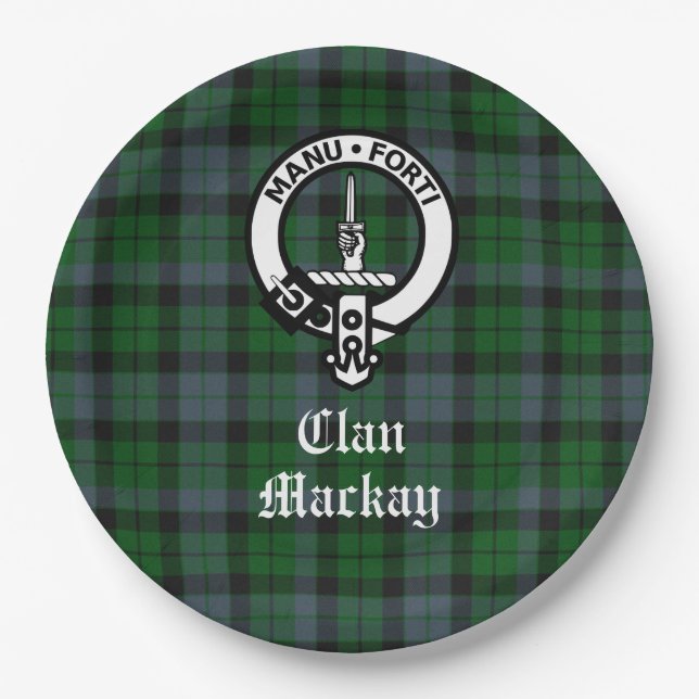 Clan Mackay Crest Badge and Tartan Customizable Paper Plates (Front)