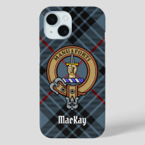 Clan MacKay Crest over Blue Tartan iPhone 15 Case