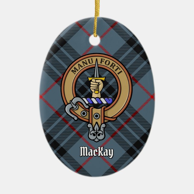 Clan MacKay Crest over Blue Tartan Ceramic Ornament (Front)