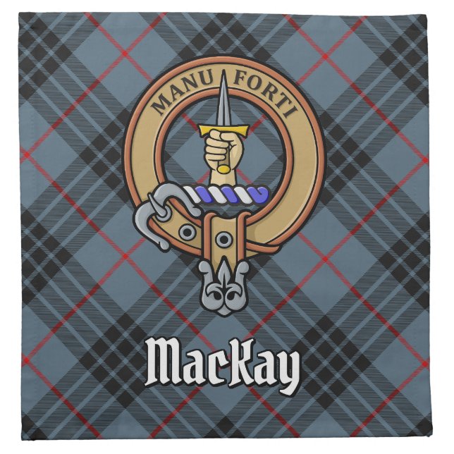 Clan MacKay Crest over Blue Tartan Cloth Napkin (Front)