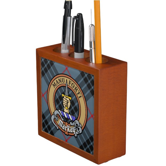 Clan MacKay Crest over Blue Tartan Desk Organizer (In Situ)