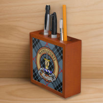 Clan MacKay Crest over Blue Tartan Desk Organizer