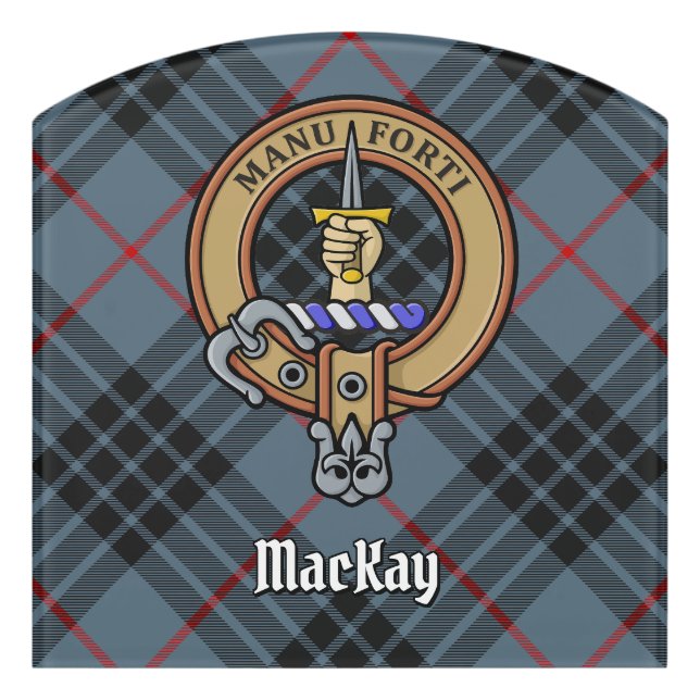 Clan MacKay Crest over Blue Tartan Door Sign (Contour Front)