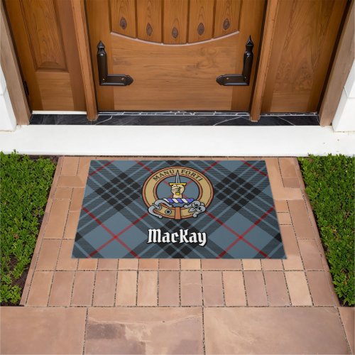 Clan MacKay Crest over Blue Tartan Doormat