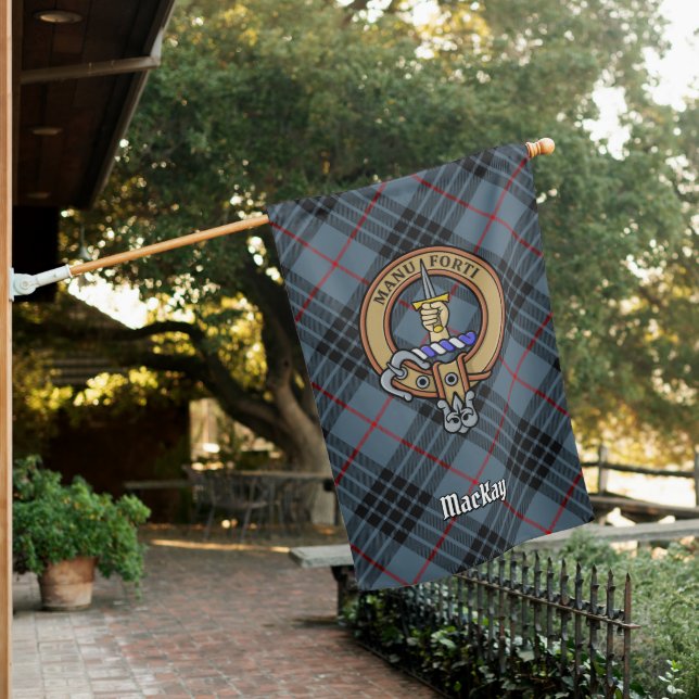 Clan MacKay Crest over Blue Tartan House Flag (In SItu)