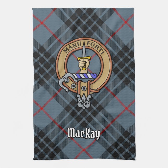 Clan MacKay Crest over Blue Tartan Kitchen Towel (Vertical)