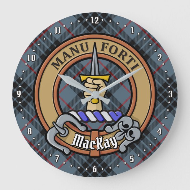 Clan MacKay Crest over Blue Tartan Large Clock (Front)