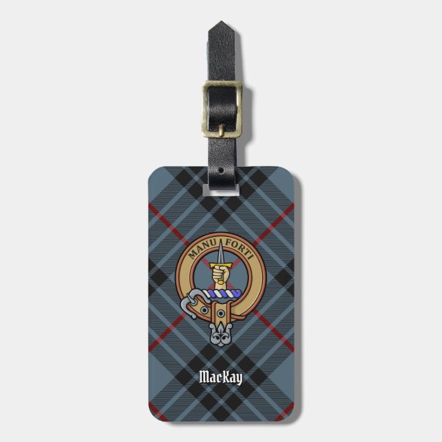 Clan MacKay Crest over Blue Tartan Luggage Tag (Front Vertical)