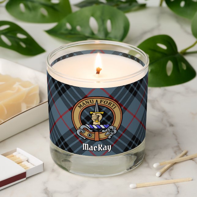 Clan MacKay Crest over Blue Tartan Scented Candle (Lit)