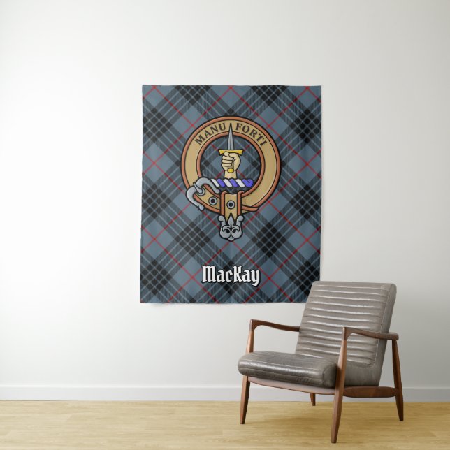 Clan MacKay Crest over Blue Tartan Tapestry (In Situ)