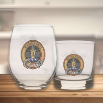 Clan MacKay Crest over Blue Tartan Whiskey Glass