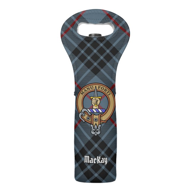 Clan MacKay Crest over Blue Tartan Wine Bag (Front)
