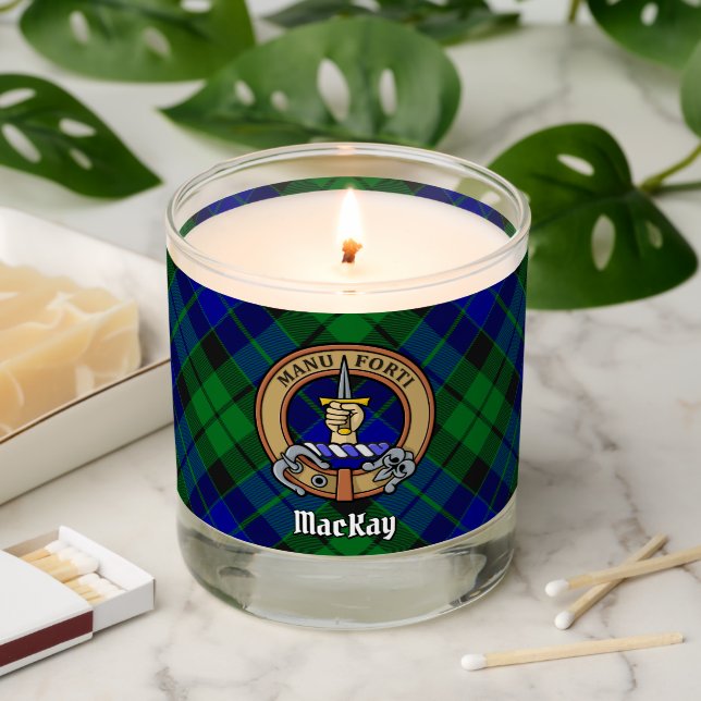 Clan MacKay Crest over Tartan Scented Candle (Lit)