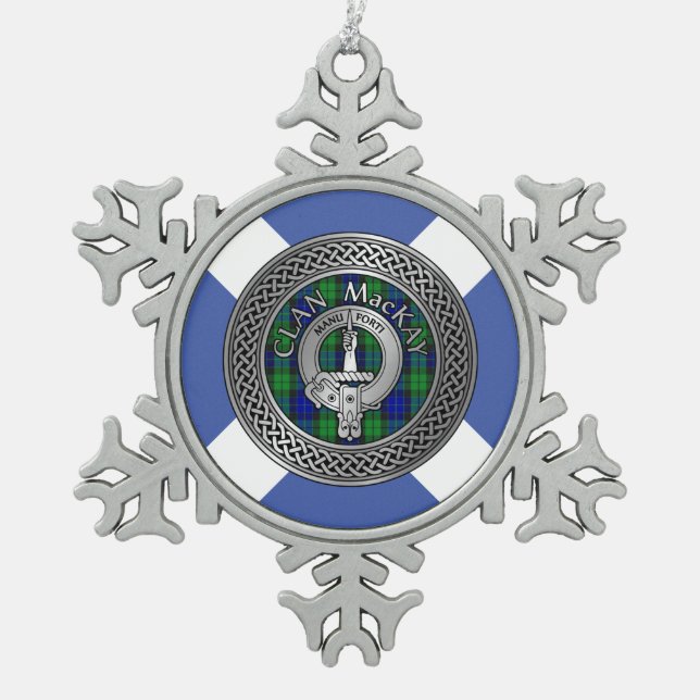 Clan MacKay Crest & Tartan Knot Snowflake Pewter Christmas Ornament (Front)