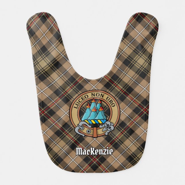 Clan MacKenzie Crest over Brown Hunting Tartan Baby Bib (Front)