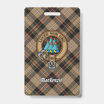Clan MacKenzie Crest over Brown Hunting Tartan Badge
