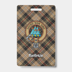 Clan MacKenzie Crest over Brown Hunting Tartan Badge