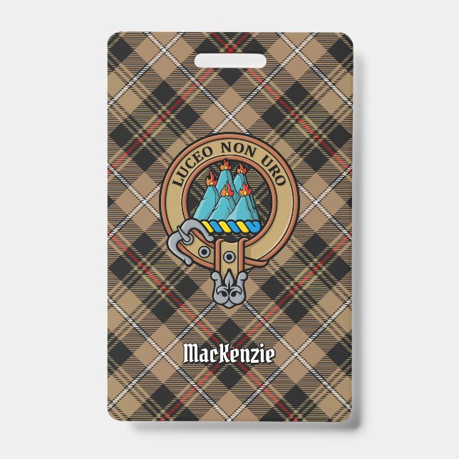 Clan MacKenzie Crest over Brown Hunting Tartan Badge (Front)