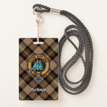 Clan MacKenzie Crest over Brown Hunting Tartan Badge