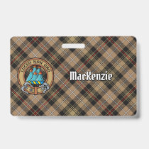 Clan MacKenzie Crest over Brown Hunting Tartan Badge
