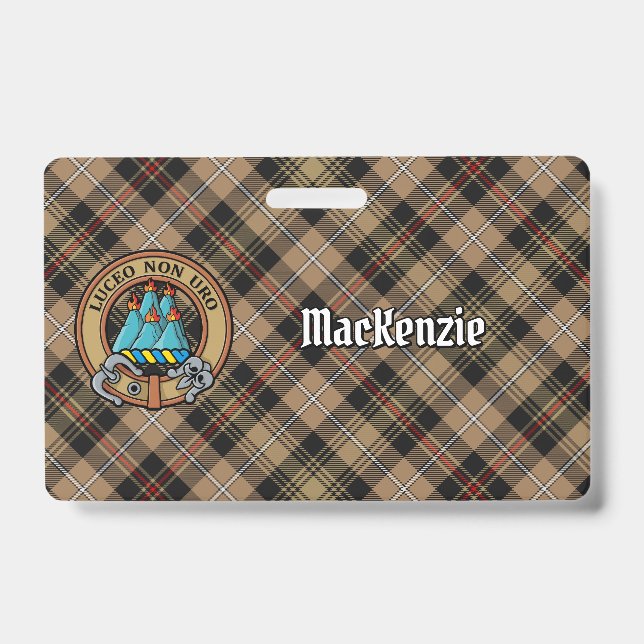 Clan MacKenzie Crest over Brown Hunting Tartan Badge (Front)